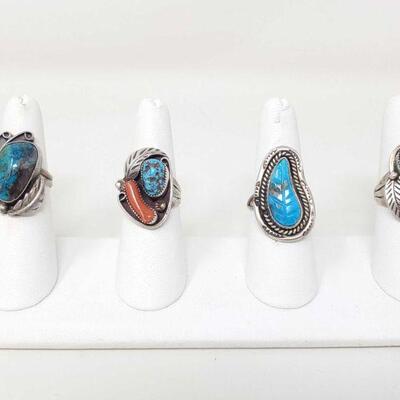 #1574 • 4 Sterling Silver Rings With Turquoise And Coral Stones, 28.4g