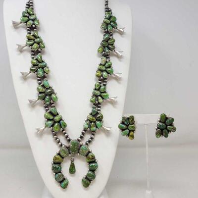 #1503 â€¢ Bea Tom Sterling Silver Turquoise Squash Blossom with Matching Earrings