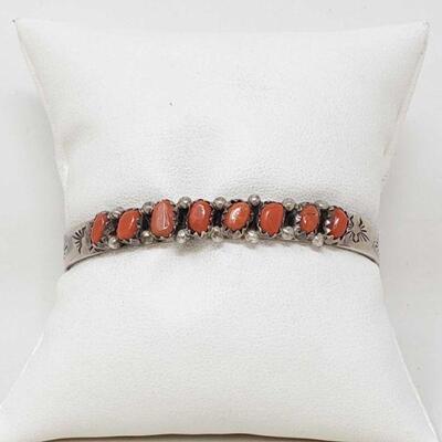 #1522 • Sterling Silver Cuff With Coral Stones, 14.9g