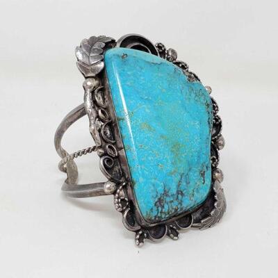 #1500 â€¢ Sterling Silver Statement Cuff With Large Turquoise Stone, 110.9g