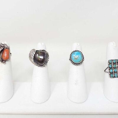 #1576 • 4 Sterling Silver Rings With Turquoise, Coral, And More, 17.6g