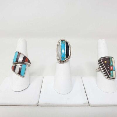 #1564 • 3 Sterling Silver Ring With Turquoise, Black Onyx, Coral Inlay, 29.6g