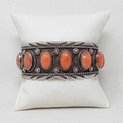#1514 • Sterling Silver Cuff With Coral Stones, 70.4g