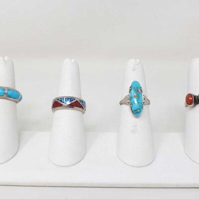 #1562 • 4 Sterling Silver Rings With Turquoise And Coral Stones, 19.1g. 

