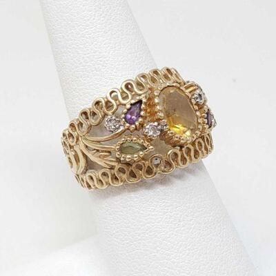 #1182 â€¢ 14k Gold Ring With Topaz Center & Diamond, Amethyst, & Peridot Accent Stones, 7g
