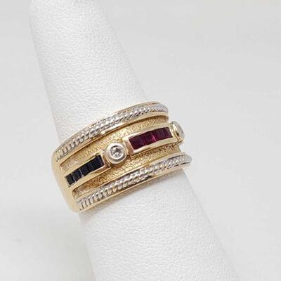 #1184 â€¢ 14k Gold Ring With Ruby, Sapphire, Emerald, & Diamond, 5g