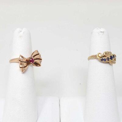 #1130 â€¢ Two 14k Gold Rings With Sapphires, Ruby, And Diamonds, 5.7g