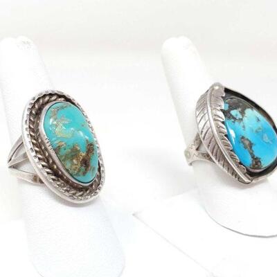 #1554 • 2 Sterling Silver Rings With Turquoise Stones, 22g