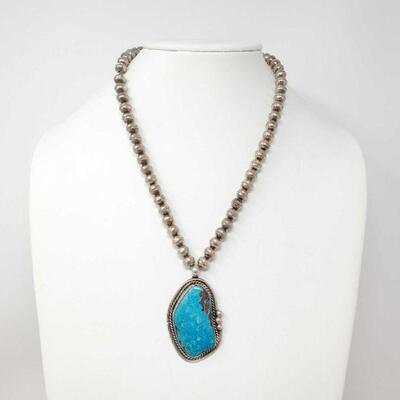 #1544 • Sterling Silver Necklace With Turquoise Stone Pendant, 43.8g