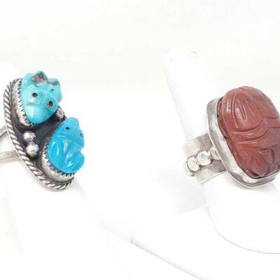 #1568 • 2 Sterling Silver Rings With Turquoise And Coral, 32.4g