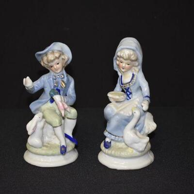 Boy w/ Rabbit Girl w/ Goose Porcelain Figurines