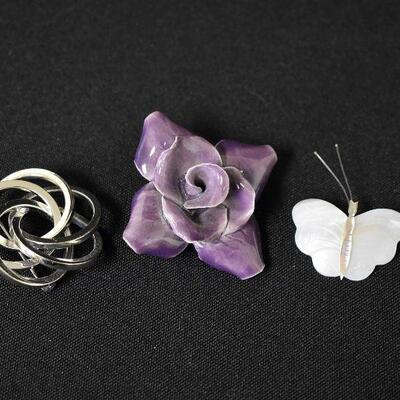 3 Brooches - Flower Butterfly & Intertwined Circle