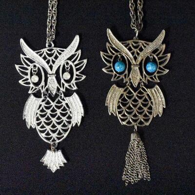 2 Silver Tone Owl Necklaces