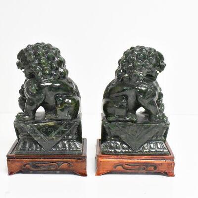 Pair Green Jade Carved Foo Dog Bookends