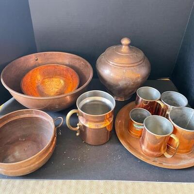 Copper bowls, cups, serving tray & vase with lid. See SR113 & SR114 for more copper goodies!! https://ctbids.com/#!/description/share/949932