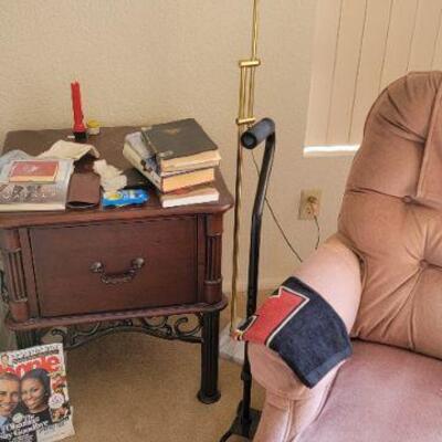 Walking cane, velvet reading chair , reading lamp , small wood end table