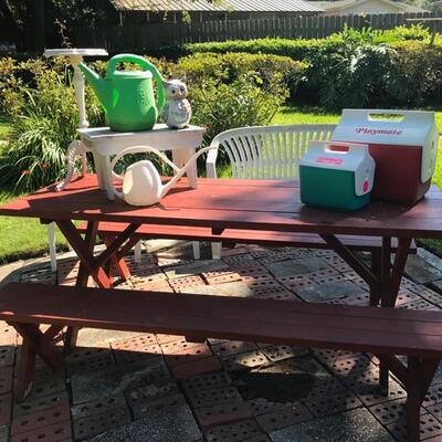 plastic bench $30
picnic table and 2 benches $79
