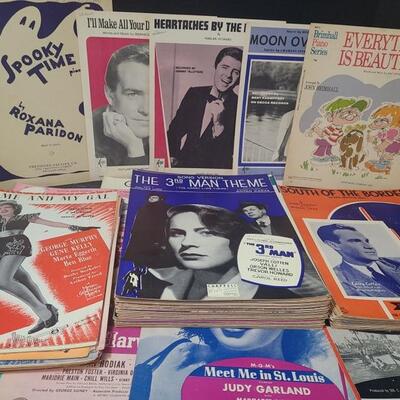 Sheet music from famous movies and songs by famous singers and actors/actresses. Shirley Temple, Lucille Ball, Hank Williams, Frank...