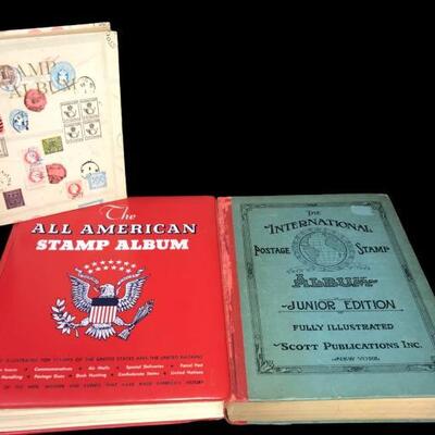 This lot contains a an assortment of vintage books. Includes The All American Stamp Album, The International Postage Stamp Album Junior...