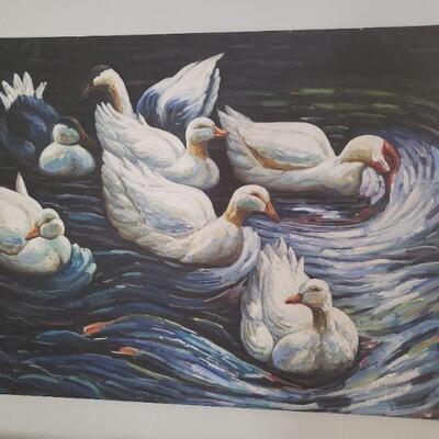 Hand painting of some ducks and swans on the water. It is a pretty good size painting