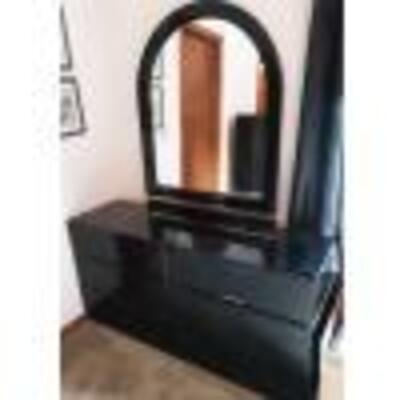 black lacquer triple dresser and mirror