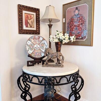 GORGEOUS French designed Wrought iron marble top table.  Chinese Plate and stand and other decor
