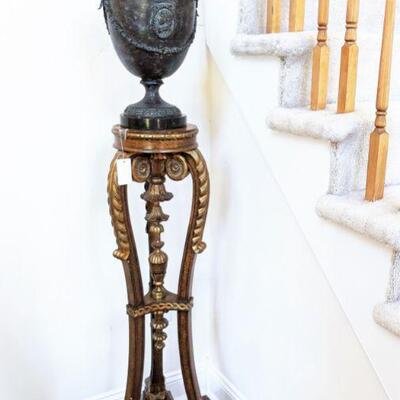 Maitland Smith Bronze urn in Grecian motif.  Maitland Smith Pedestal with gilding.  BEAUTIFUL