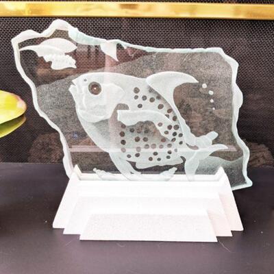 Etched glass fish on stand
