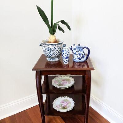 small cherry table with two shelves
