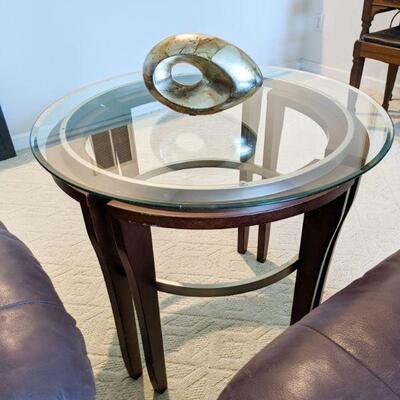 Beveled Glass top round occasional table with dark wood base