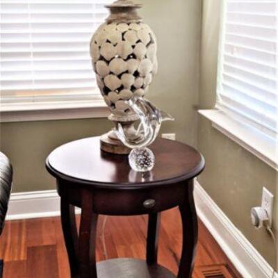 Shell lamp and shade and small dark wood end table with shelf and center drawer.  One of a pair - sold separately