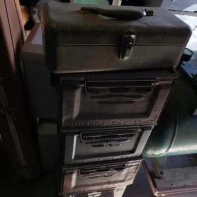#1496 â€¢ 4 Ammo Cans And Metal Tool Box tool ox approx 13.5 x 6 x 4.5 inches. Ammo cans approx 12 x 6x 7.5 inches. 