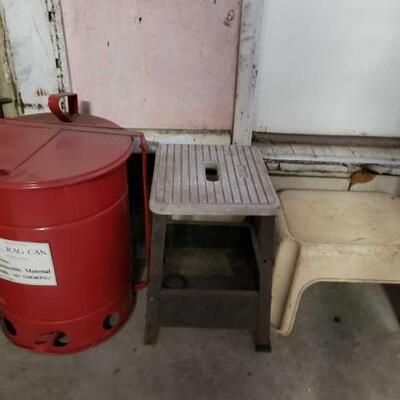 #1424 â€¢ Two Step Stools And. Red Metal Trash Can
 surrounding items not included. 