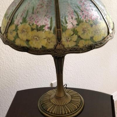 ANTIQUE REVERSE PAINTED 6 PANEL LAMP IN THE STYLE OF PITTSBURGH AND JEFFERSON IN THE EARLY 1900'S. $395 OR YOU MAKE AN OFFER.
