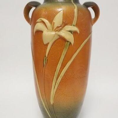 1027	ROSEVILLE ZEPHER LILY FLOOR VASE, BROWN, EACH HANDLE HAS A CHIP, 19 IN HIGH
