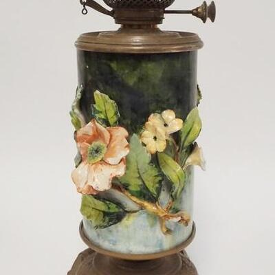 1034	MILLER LAMP ART POTTERY, APPLIED LEAVES & FLOWERS HAVE CHIPS, 14 1/2 IN TOTAL HEIGHT
