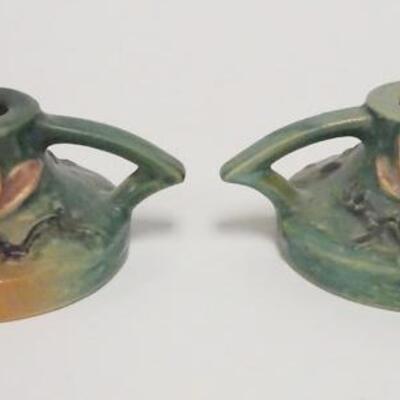 1011	PAIR OF ROSEVILLE MAGNOLIA GREEN CANDLESTICKS, 2 1/2 IN HIGH
