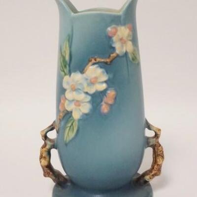 1047	ROSEVILLE APPLE BLOSSOM BLUE VASE, HAS A BASE CHIP COLORED IN, 10 1/2 IN HIGH
