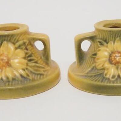 1012	PAIR OF ROSEVILLE YELLOW PEONY CANDLESTICKS, 2 1/4 IN HIGH
