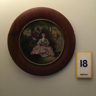 #18 Handprinted plate in wooden frame 13" round.  priced at $25