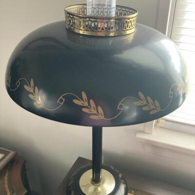 Black Tole Lamp is 20" tall; 7 1/2" round at base of lamp.  Price is $45.