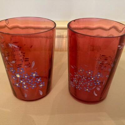 Two hand painted cranberry glasses.  Priced at $35