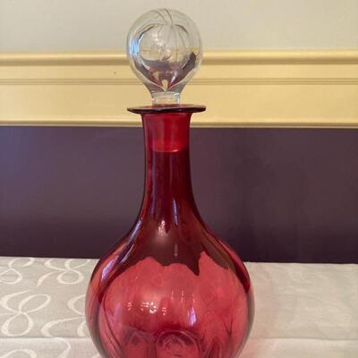 Handblown cranberry glass decanter with clear stopper.  Priced at $85