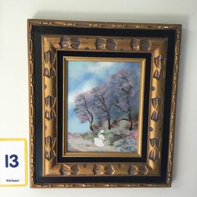 #13 Enamel on Copper by DeOreini.  Frame measures 15" x 17" "Girl with three trees". Priced at $175