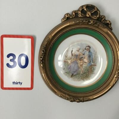#30 Framed Victorian Hand Painted Porcelain Plate with Couple on Bench> Priced at $45