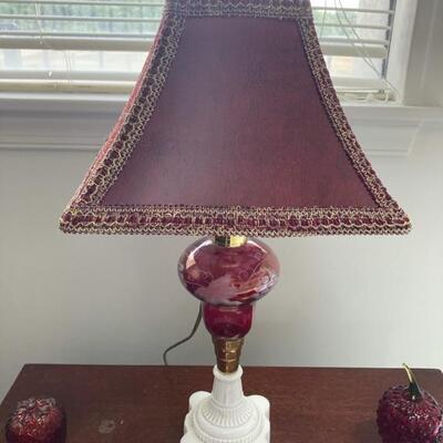 Cranberry etched glass with marble base.   Custom shade.  Priced at $95.
