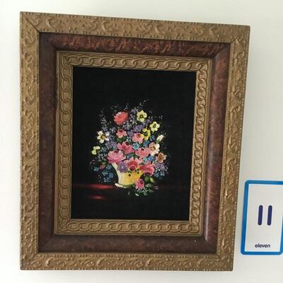 #11 Victorian Floral Painted on Velvet.  Frame Measures 13" x 15". Priced at $95.