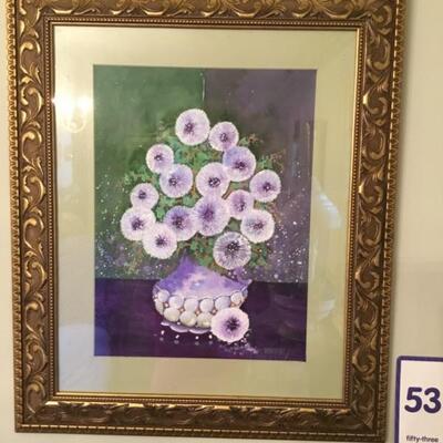 #53 Original by Laurel Native William "Bill" Venables, Jr. Frame measures 21" x 25".   Purple Floral is priced at $125.