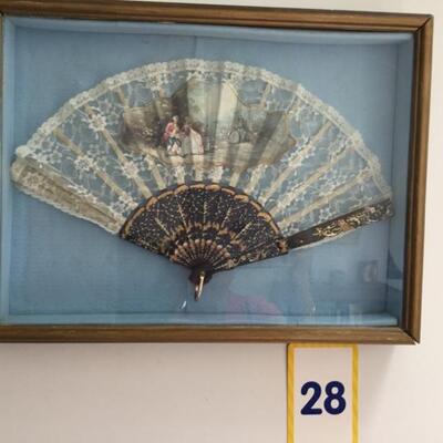 #28 Framed Vintage Lace Fan.  Frame measures 17.5" x 13". Framed Lace Fan.  Priced at $65