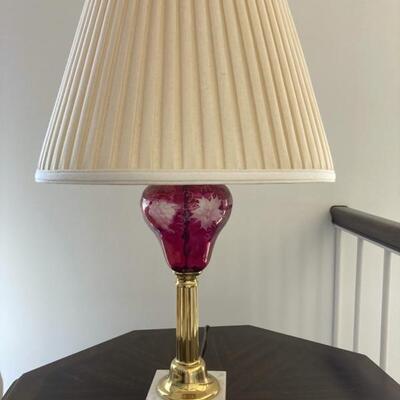 Brass and etched cranberry glass with cream shade.  Priced at $125